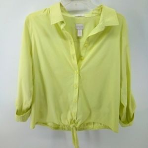 Chico's No Iron Yellow Lime Cotton Spandex Elastic Waist Bow Cuff Sleeves 1 M